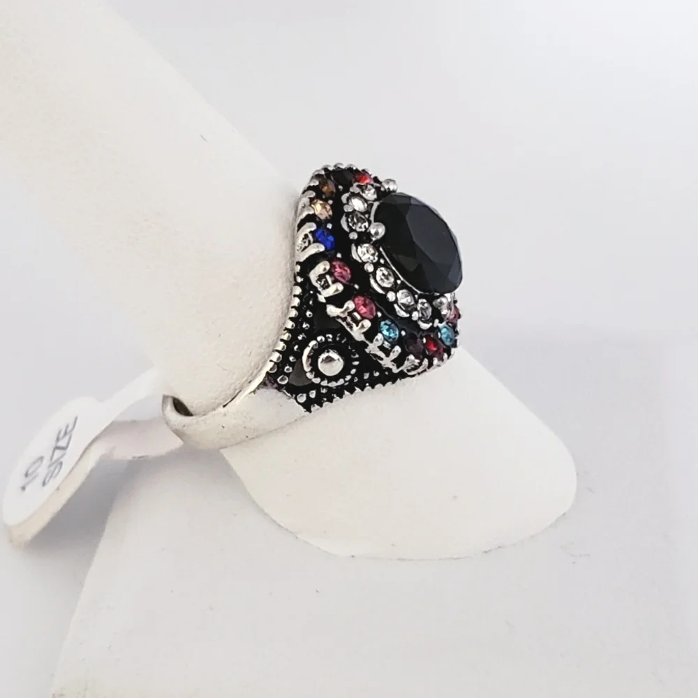 NEW Black Onyx and Rhinestones Women's Cocktail Ring
